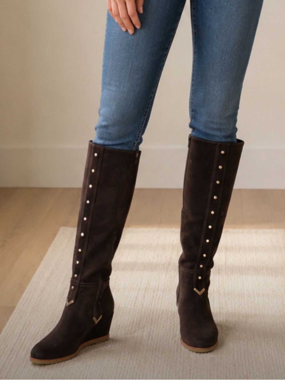Napoleoni Women's Dark Brown Suede Studded Knee-High Wedge Boots
